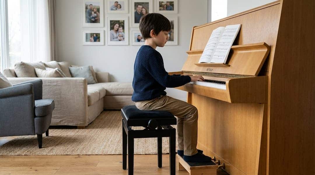 Malý kluk hraje na klasické piano v bytě, pod nohama má dřevěnou stoličku.